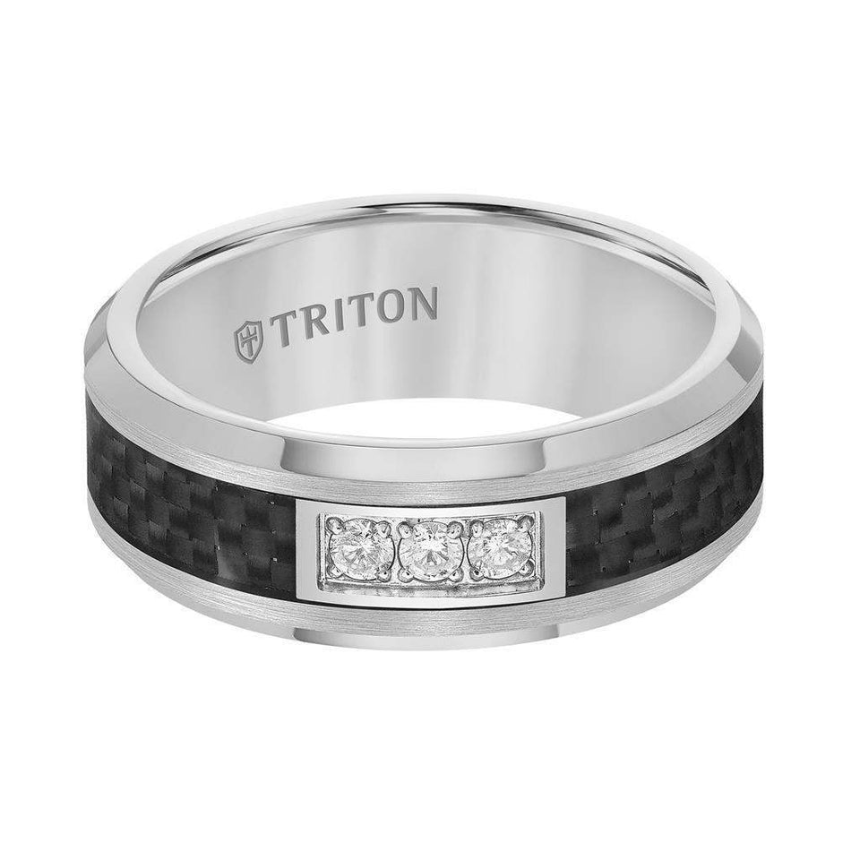 RIDLEY Beveled Tungsten Carbide Wedding Band with Black Carbon Fiber Inlay and Three Channel Set Diamonds by Triton Rings - 8 mm - Larson Jewelers