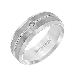 RILEY Satin Finished Tungsten Carbide Wedding Band with Polished Bevels, Center Groove, and Solitaire Diamond Setting by Triton Rings - 8 mm - Larson Jewelers