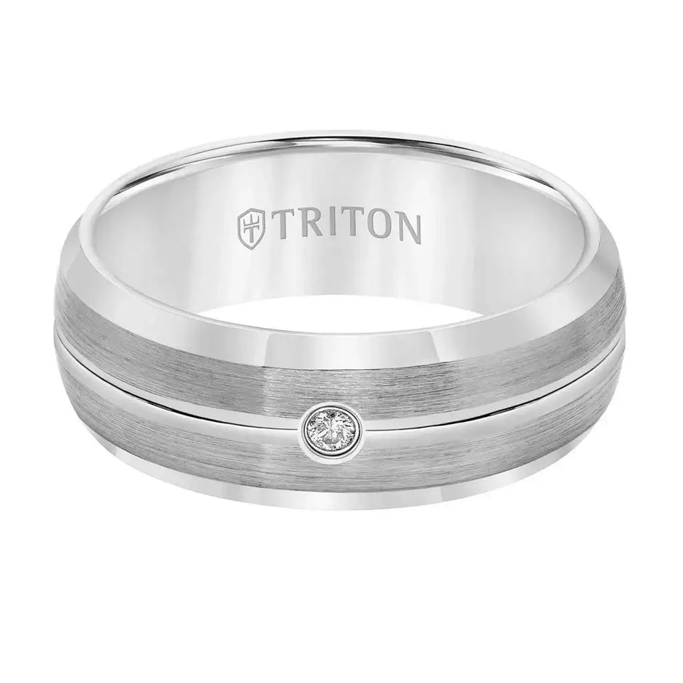 RODRIGO Satin Finished White Tungsten Carbide Wedding Band with Polished Bevels Center Groove and Diamond Setting by Triton Rings - 8mm - Larson Jewelers