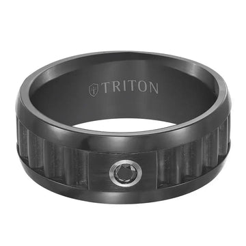 Flat view of the 9mm black tungsten carbide ring highlighting corrugated center panel and bezel-set black diamond with TRITON interior mark