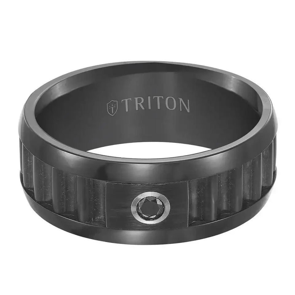Flat view of the 9mm black tungsten carbide ring highlighting corrugated center panel and bezel-set black diamond with TRITON interior mark