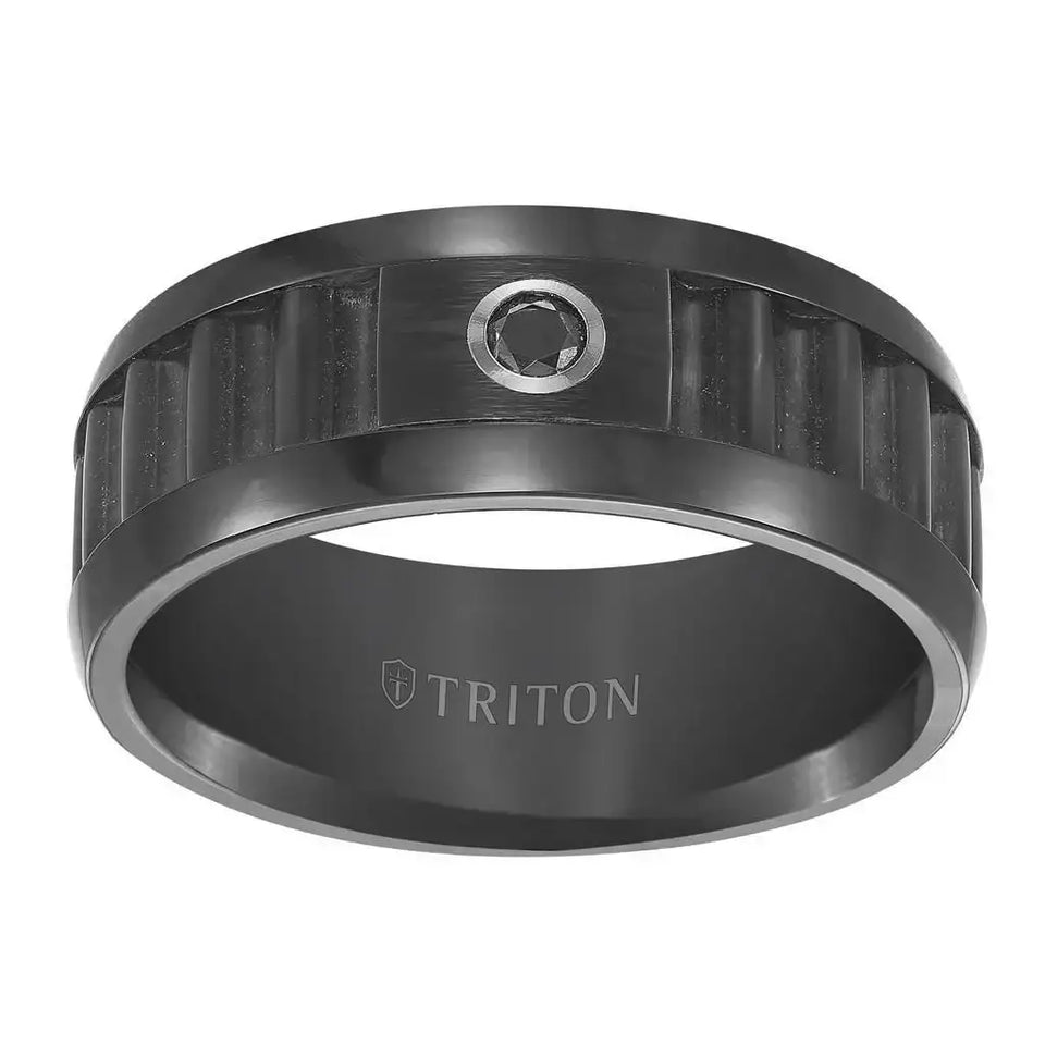Front view of the 9mm black tungsten carbide band showing corrugated texture center, polished edges, and single black diamond