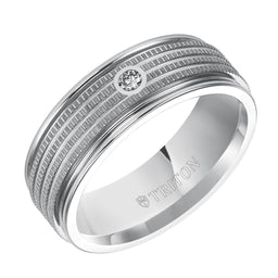 FALCON White Tungsten Carbide Comfort Fit Wedding Band with White Diamond Setting and Multi Coin Edged Center by Triton Rings - 7.5 mm - Larson Jewelers