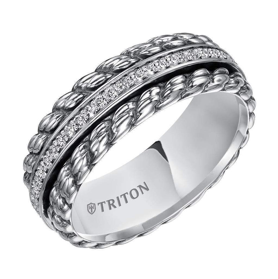 AVIDOR Sterling Silver Cast Wedding Band with Woven Pattern and Raised Center Circle of Diamonds - 7 mm - Larson Jewelers