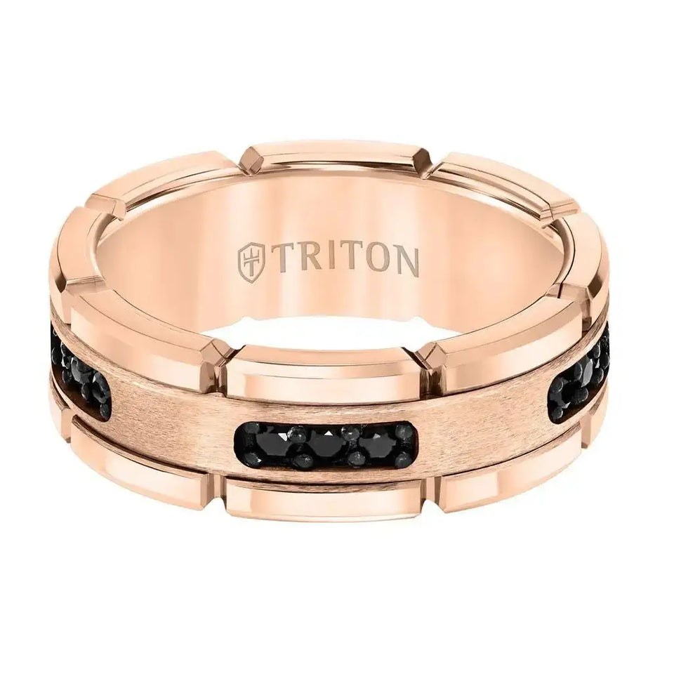 ROSETTE Flat Rose Gold Plated Tungsten Ring with Black Diamond Settings by Triton Rings - 8mm - Larson Jewelers