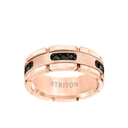 ROSETTE Flat Rose Gold Plated Tungsten Ring with Black Diamond Settings by Triton Rings - 8mm - Larson Jewelers