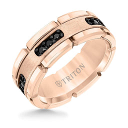 ROSETTE Flat Rose Gold Plated Tungsten Ring with Black Diamond Settings by Triton Rings - 8mm - Larson Jewelers