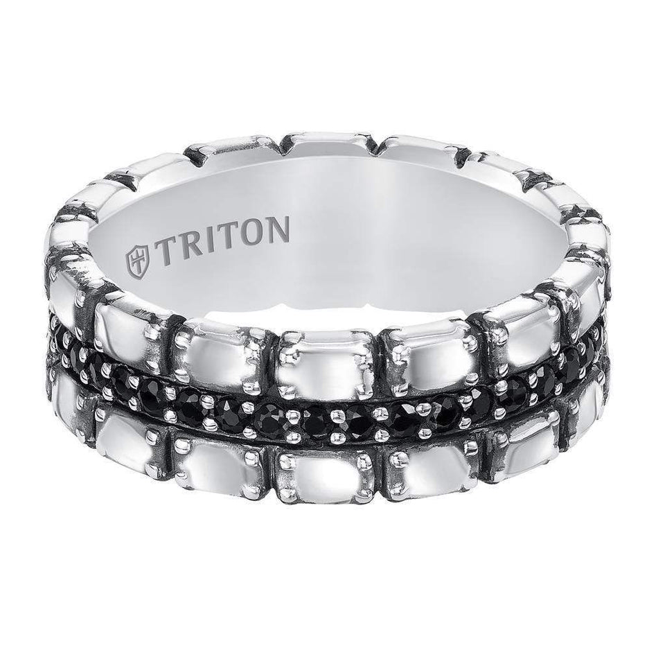 BARAK Sterling Silver Cast wedding band with black sapphires and black Oxidation - 7.5mm - Larson Jewelers