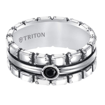 BARNABY Sterling Silver Cast Wedding Band with Black Sapphires and Black Oxidation - 9mm - Larson Jewelers