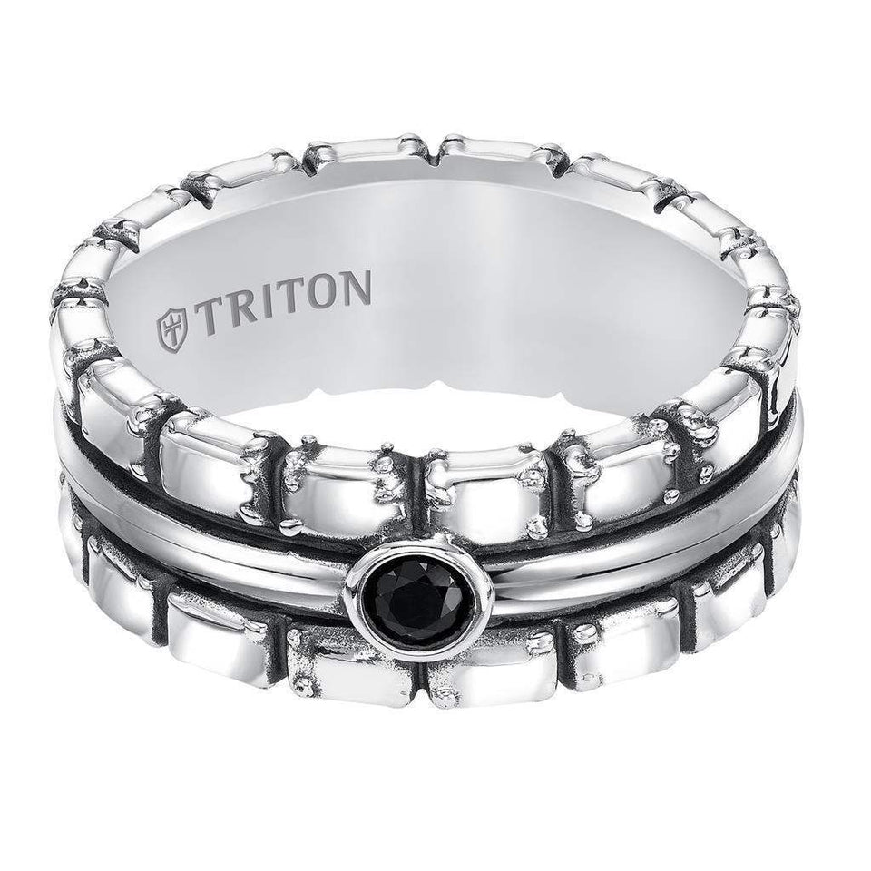 BARNABY Sterling Silver Cast Wedding Band with Black Sapphires and Black Oxidation - 9mm - Larson Jewelers