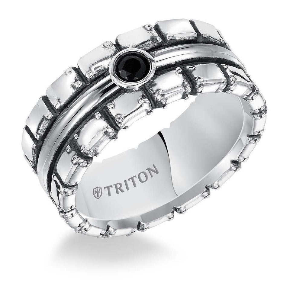 BARNABY Sterling Silver Cast Wedding Band with Black Sapphires and Black Oxidation - 9mm - Larson Jewelers