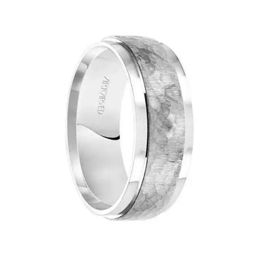 14k White Gold Wedding Band Flat Hammered Brushed Raised Center Finish with Flat Edges- 8 mm - Larson Jewelers