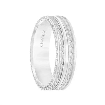 14k White Gold Wedding Band Flat Dual Rope & Milgrain Center Design Sandblasted Finish with Flat Edges- 6.5 mm - Larson Jewelers