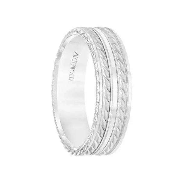 14k White Gold Wedding Band Flat Dual Rope & Milgrain Center Design Sandblasted Finish with Flat Edges- 6.5 mm - Larson Jewelers