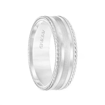 14k White Gold Wedding Band Flat Ridged Center Design Polished Finish with Rope Milgrain Edges- 7 mm - Larson Jewelers
