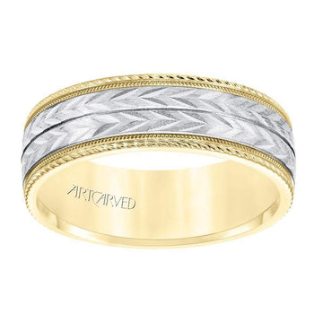 14k Two Toned Yellow & White Gold Center Wedding Band Flat Multiple Directional Wheat Motif Satin Brushed Inlay Design Milgrain Rope Edges- 7 mm - Larson Jewelers