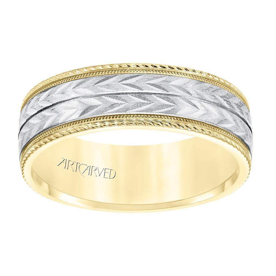 14k Two Toned Yellow & White Gold Center Wedding Band Flat Multiple Directional Wheat Motif Satin Brushed Inlay Design Milgrain Rope Edges- 7 mm - Larson Jewelers