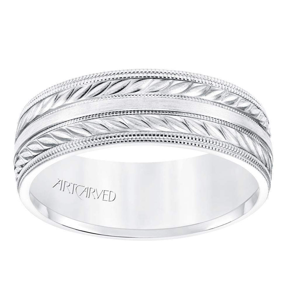 14k White Gold Wedding Band Flat Dual Wheat Motif Center Design Satin Brushed Finish with Milgrain Edges- 7 mm - Larson Jewelers