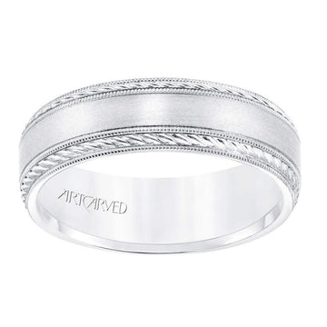 14k White Gold Wedding Band Flat Satin Finish Center with Milgrain Rope Edges- 6.5 mm - Larson Jewelers