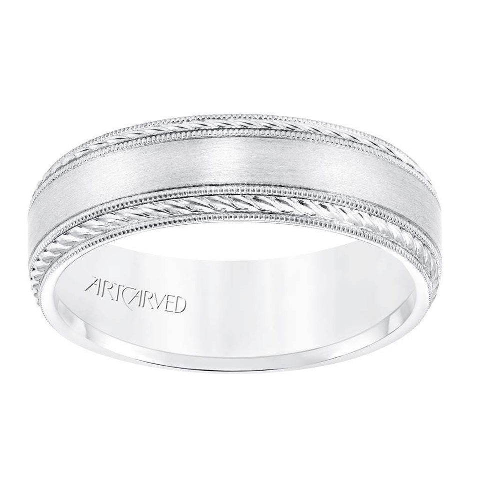 14k White Gold Wedding Band Flat Satin Finish Center with Milgrain Rope Edges- 6.5 mm - Larson Jewelers