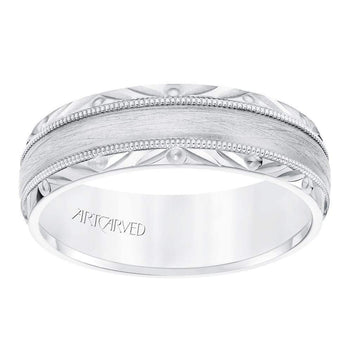 14k White Gold Wedding Band Wire Brushed Finish Center with Milgrain Accents Beveled Edges- 6.5 mm - Larson Jewelers