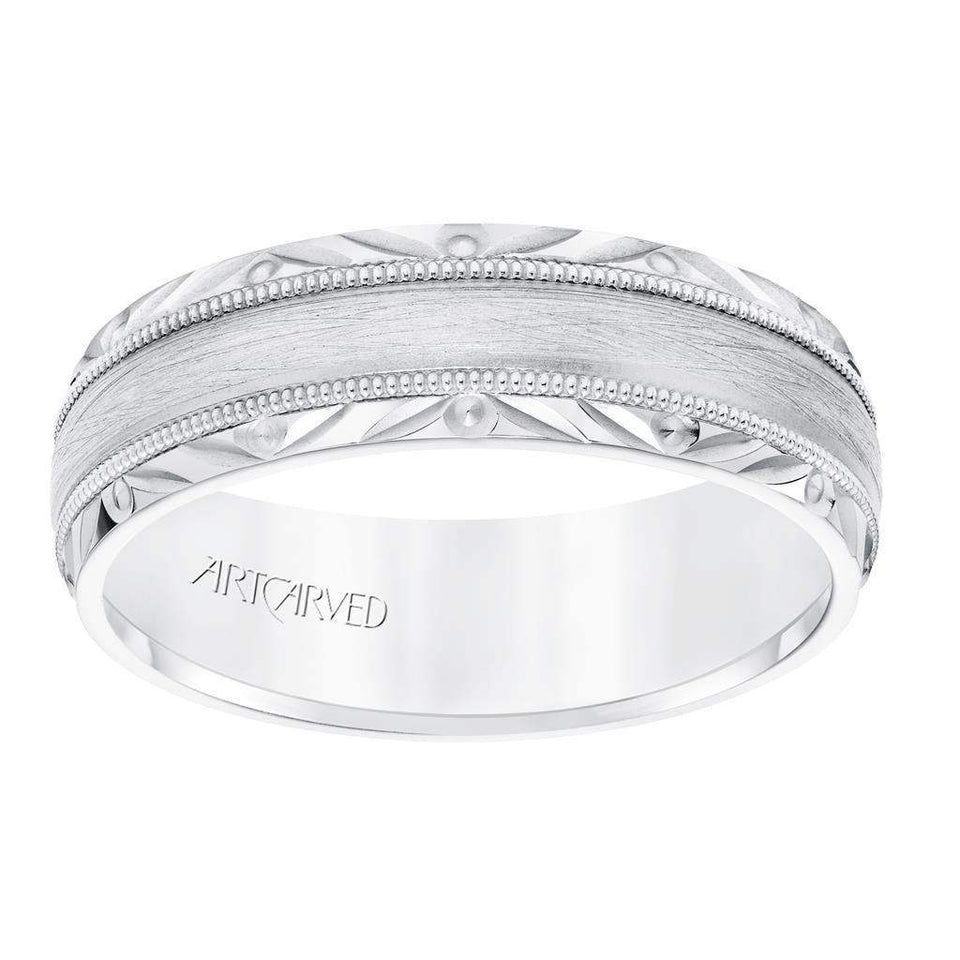 14k White Gold Wedding Band Wire Brushed Finish Center with Milgrain Accents Beveled Edges- 6.5 mm - Larson Jewelers