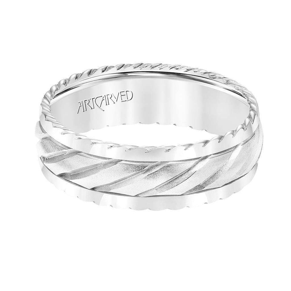 14k White Gold Wedding Band Domed Soft Sand Finish with Diagonal Line Pattern Textured Edges- 7 mm - Larson Jewelers
