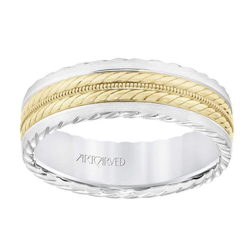 14k Two Toned White Gold with Yellow Gold Center Wedding Band Domed Rope and Milgrain Inlay Design Rope Edges- 7 mm - Larson Jewelers