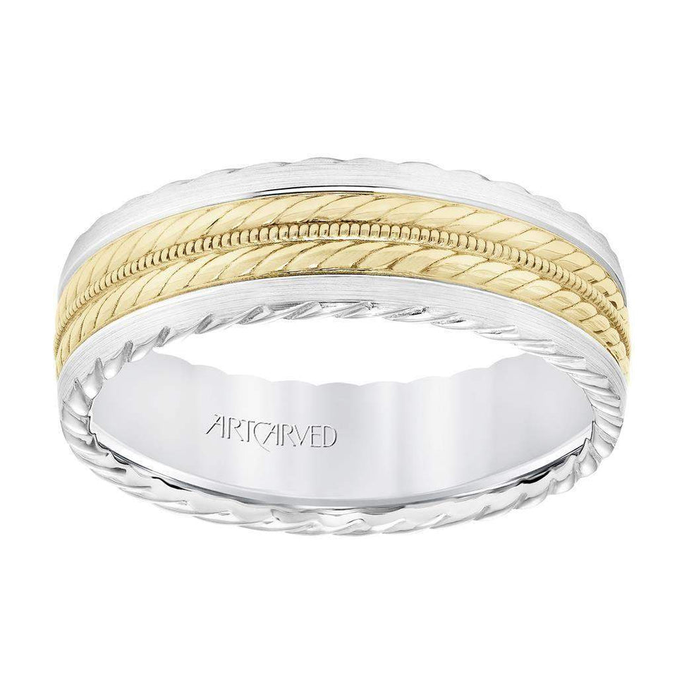 14k Two Toned White Gold with Yellow Gold Center Wedding Band Domed Rope and Milgrain Inlay Design Rope Edges- 7 mm - Larson Jewelers