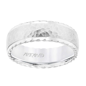 14k White Gold Wedding Band Domed Hammered Finish Center with Rope Edges - 7 mm - Larson Jewelers
