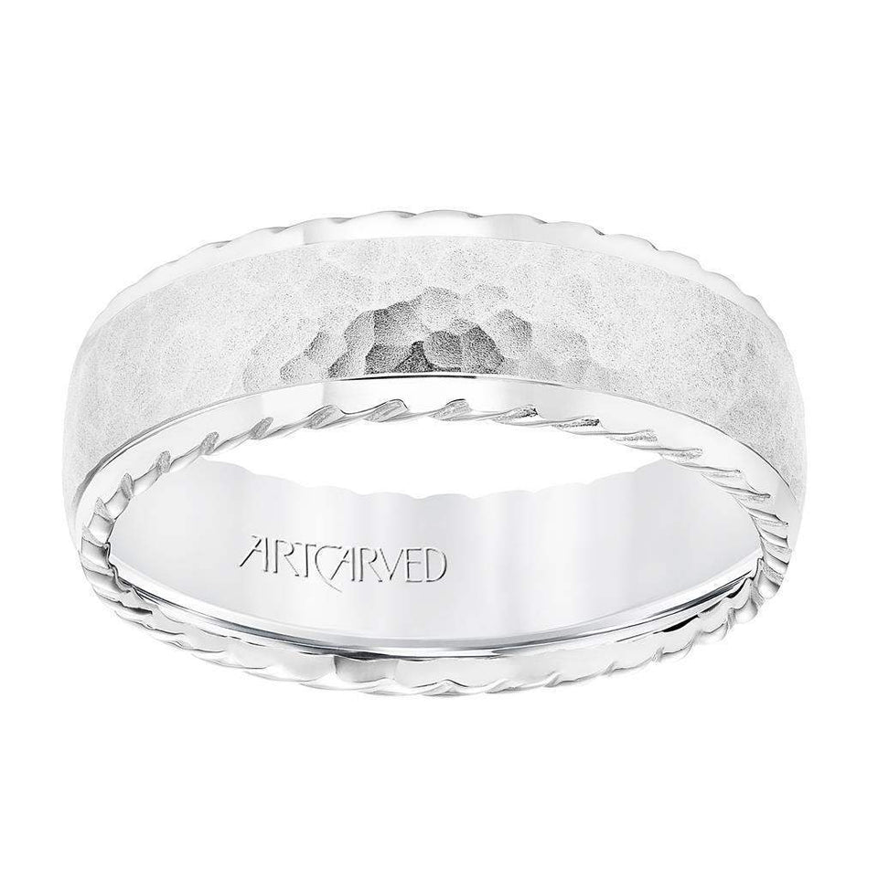 14k White Gold Wedding Band Domed Hammered Finish Center with Rope Edges - 7 mm - Larson Jewelers