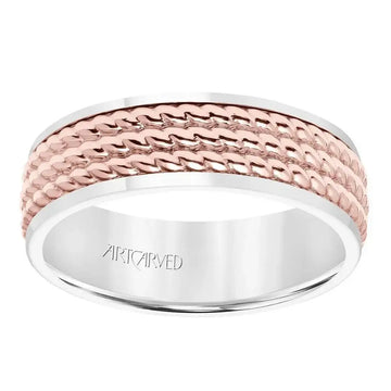 14k Two Toned White Gold with Rose Gold Center Wedding Band Domed Polished Finish Triple Rope Inlay Design Flat Edges- 7 mm - Larson Jewelers