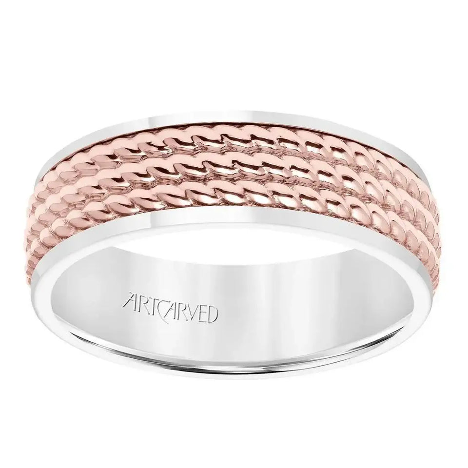 14k Two Toned White Gold with Rose Gold Center Wedding Band Domed Polished Finish Triple Rope Inlay Design Flat Edges- 7 mm - Larson Jewelers