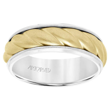 14k Two Toned White Gold with Yellow Gold Center Wedding Band Domed Rope Inlay Design Soft Sand Finish Milgrain Edges- 7 mm - Larson Jewelers