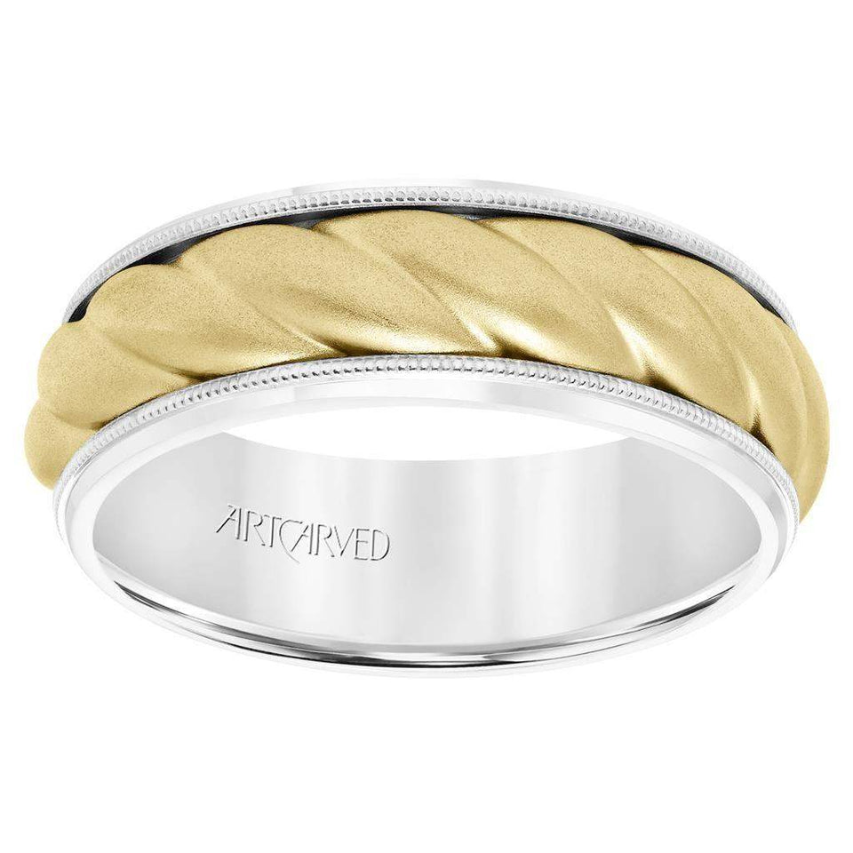 14k Two Toned White Gold with Yellow Gold Center Wedding Band Domed Rope Inlay Design Soft Sand Finish Milgrain Edges- 7 mm - Larson Jewelers