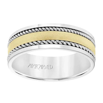 14k Two Toned White Gold with Yellow Gold Center Wedding Band Flat Dual Rope Center Design Satin Finish Polished Edges- 7 mm - Larson Jewelers