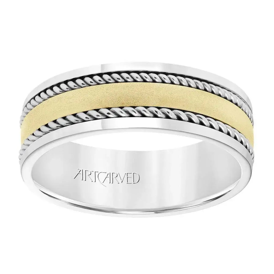 14k Two Toned White Gold with Yellow Gold Center Wedding Band Flat Dual Rope Center Design Satin Finish Polished Edges- 7 mm - Larson Jewelers