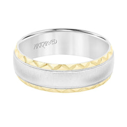 14k White & Yellow Gold Wedding Band Domed Soft Sand Center with Milgrain Leaf Design Edges - 7 mm - Larson Jewelers