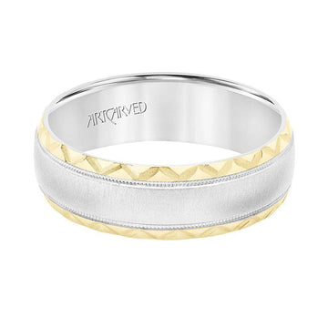 14k White & Yellow Gold Wedding Band Domed Soft Sand Center with Milgrain Leaf Design Edges - 7 mm - Larson Jewelers