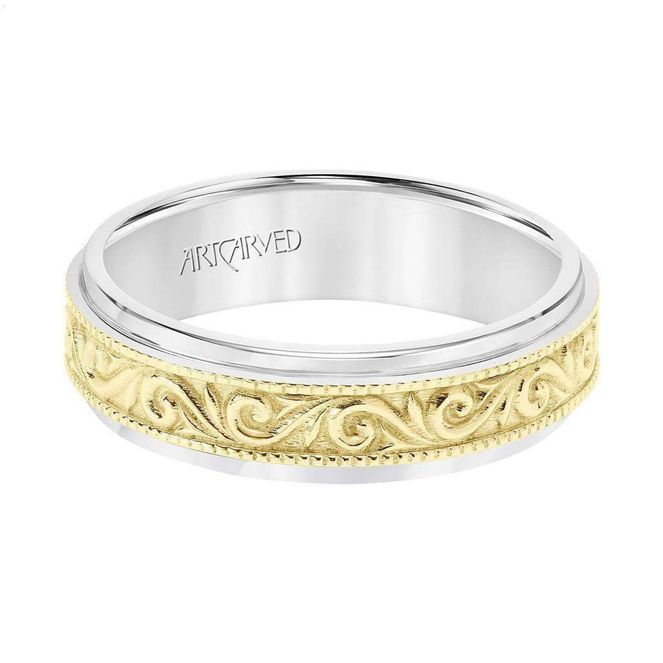 14k Two Toned White & Yellow Gold Wedding Band Raised Paisley Inlay Design Milgrain Detail Round Edges- 6.5 mm - Larson Jewelers