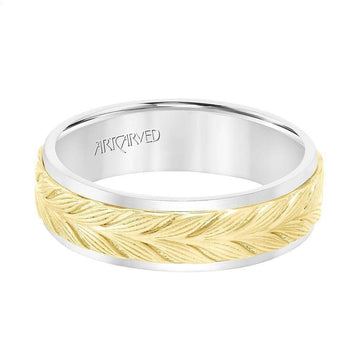 14k Two Toned White & Yellow Gold Wedding Band Raised Textured Leaf Design Polished Round Edges- 6.5 mm - Larson Jewelers