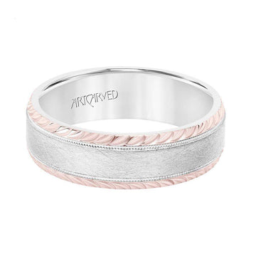 14k Two Toned White & Rose Gold Wedding Band Domed Crystalline Finish with Milgrain and Leaf Design Beveled Edges- 7 mm - Larson Jewelers