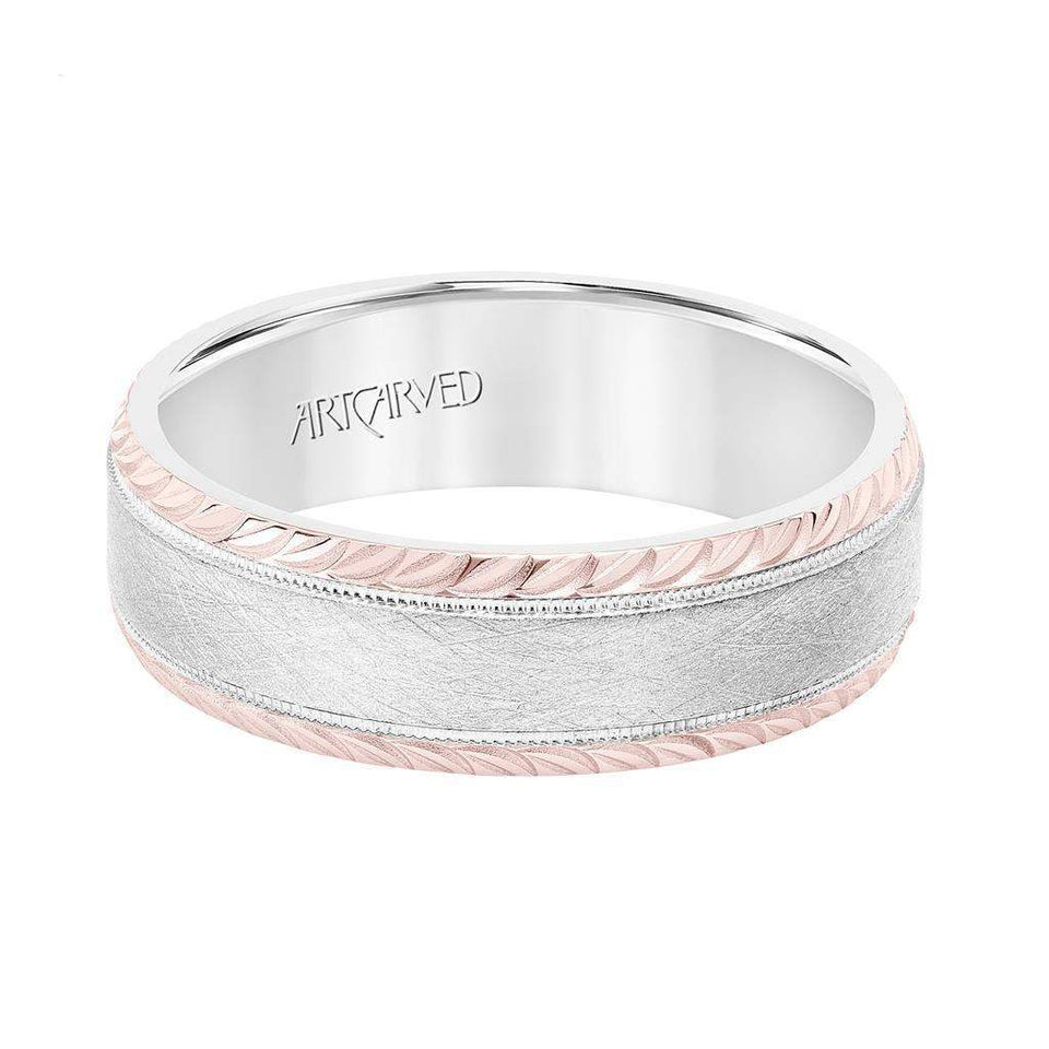 14k Two Toned White & Rose Gold Wedding Band Domed Crystalline Finish with Milgrain and Leaf Design Beveled Edges- 7 mm - Larson Jewelers