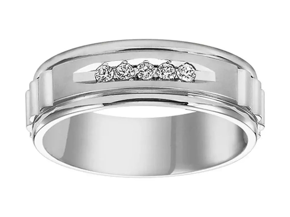 14k White Gold Wedding Band Engraved Textured Finish Center White Diamonds Rolled Edges- 7 mm - Larson Jewelers