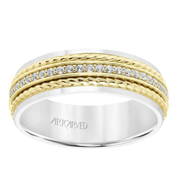 14k Two Toned White & Yellow Gold Wedding Band Dual Rope Diamond Inlay Polished Finish Flat Edges - 7 mm - Larson Jewelers
