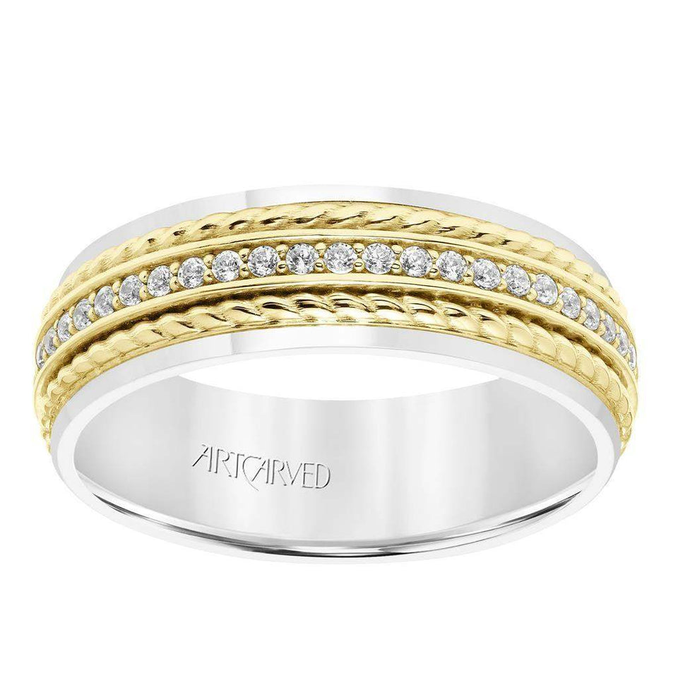 14k Two Toned White & Yellow Gold Wedding Band Dual Rope Diamond Inlay Polished Finish Flat Edges - 7 mm - Larson Jewelers
