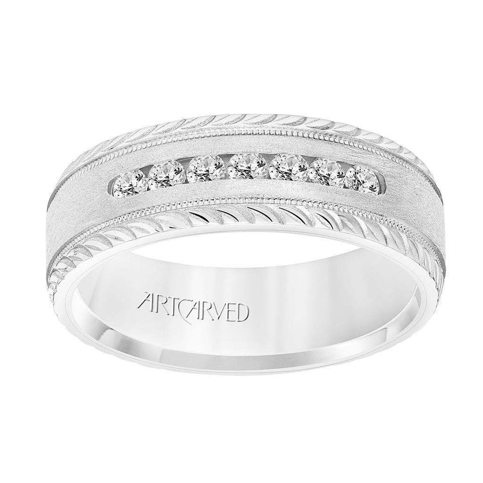 14k White Gold Wedding Band Flat Crystalline Finish Center Channel Set Diamonds Milgrain and Leaf Design Beveled Edges - 7 mm - Larson Jewelers