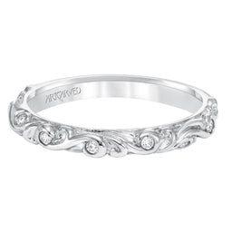 SUNRISE Women's 14K White Gold Wedding Band with Floral Carving and Diamond Accents by Artcarved - 3 mm - Larson Jewelers