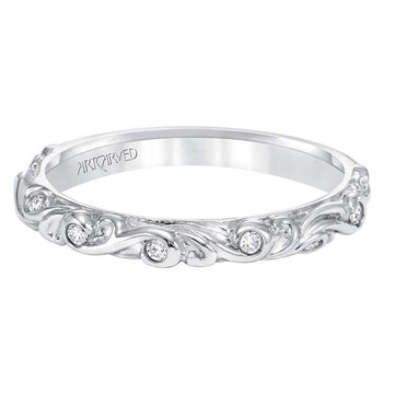 SUNRISE Women's 14K White Gold Wedding Band with Floral Carving and Diamond Accents by Artcarved - 3 mm - Larson Jewelers