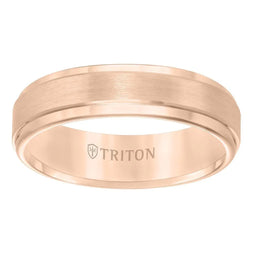 Front view of rose tungsten carbide band, raised satin center and polished step edges, TRITON interior mark, 6mm
